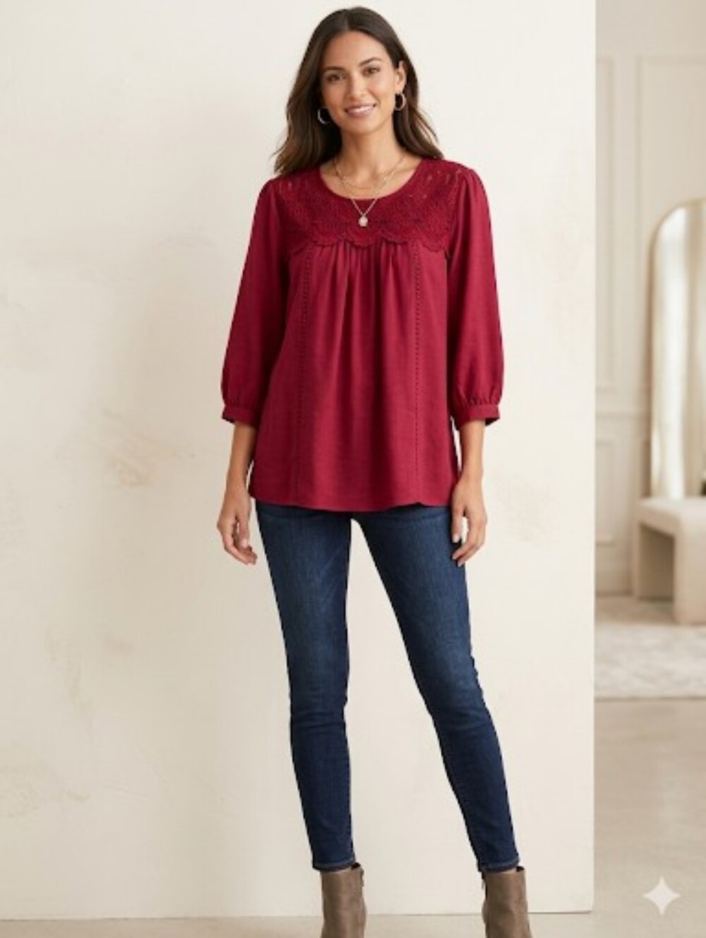Figueroa And Flower Burgundy Lace Yoke Peasant Blouse Size 2X